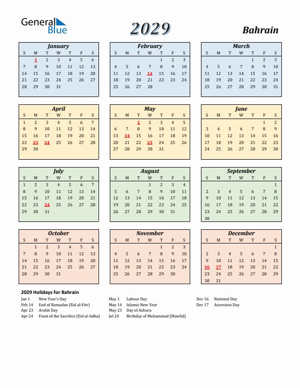 Bahrain Calendar 2029 with Sunday Start
