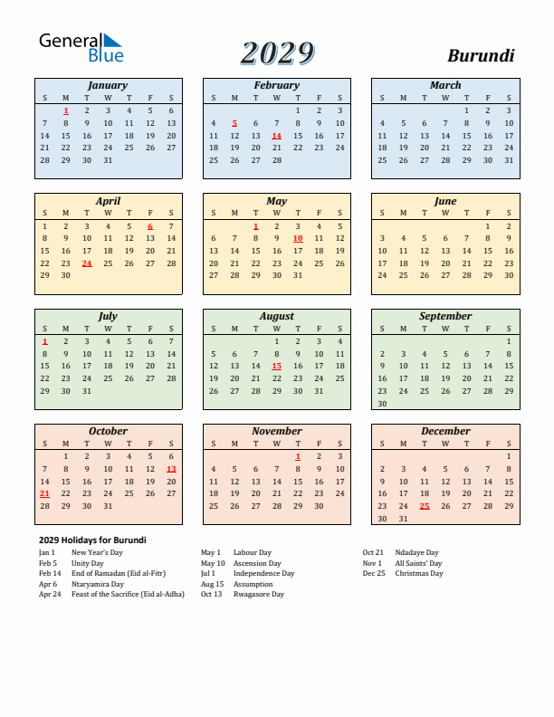 Burundi Calendar 2029 with Sunday Start