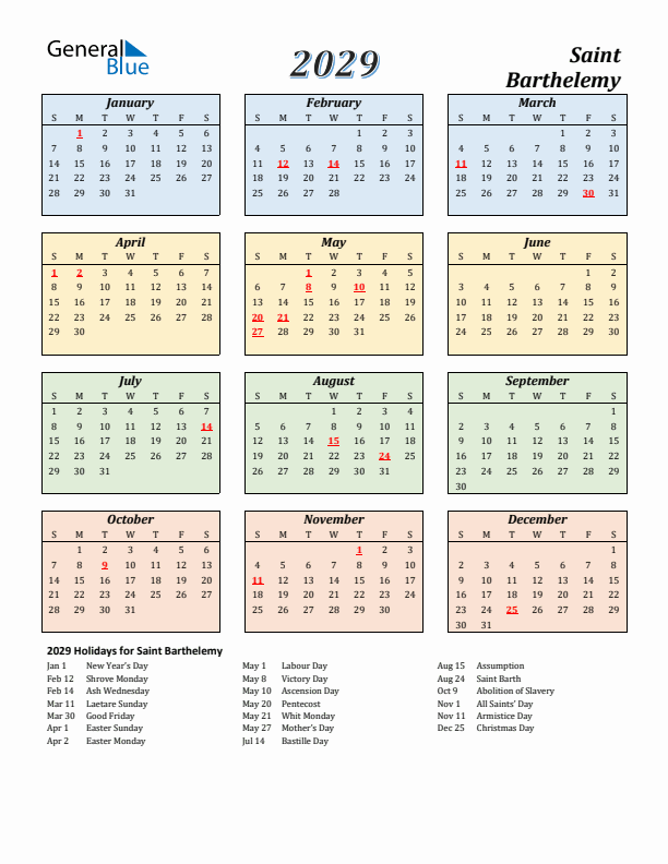 Saint Barthelemy Calendar 2029 with Sunday Start