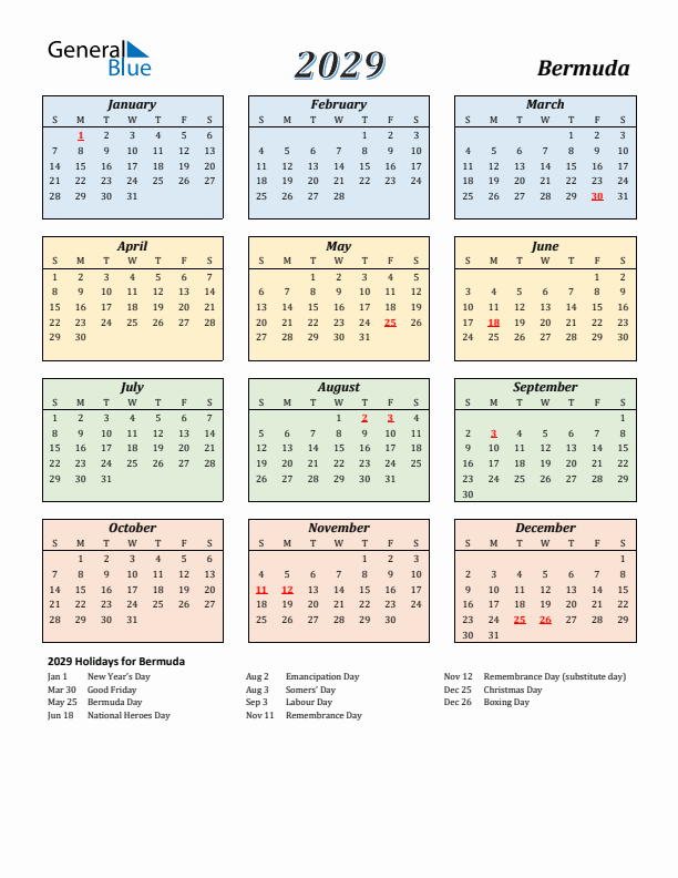 Bermuda Calendar 2029 with Sunday Start