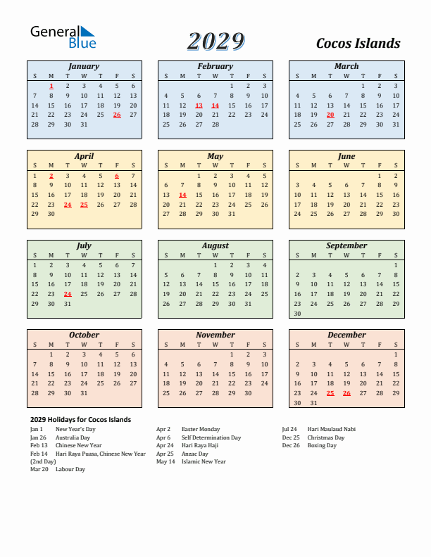 Cocos Islands Calendar 2029 with Sunday Start