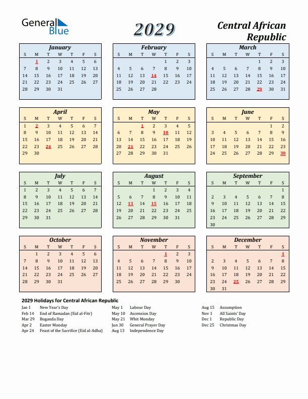 Central African Republic Calendar 2029 with Sunday Start