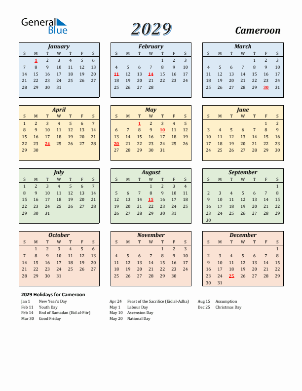 Cameroon Calendar 2029 with Sunday Start