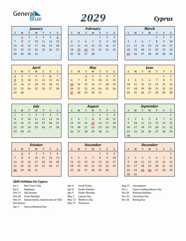Cyprus Calendar 2029 with Sunday Start