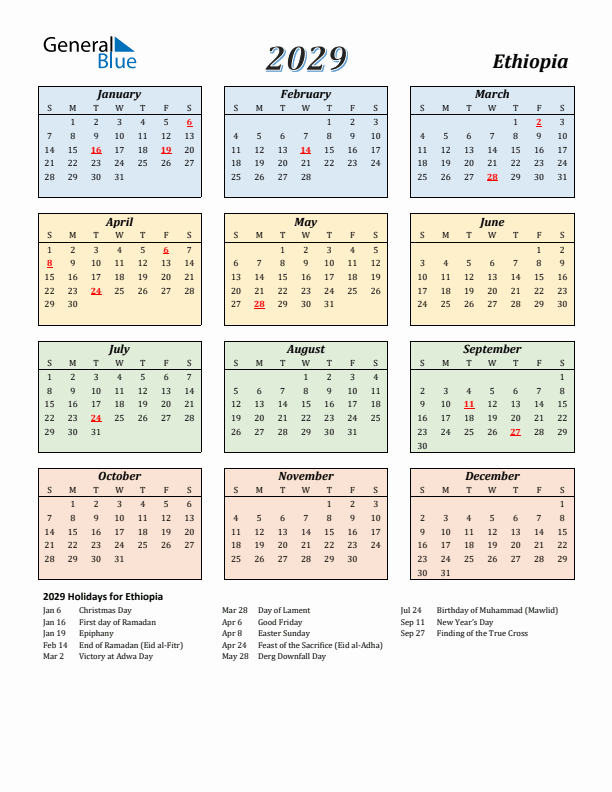 Ethiopia Calendar 2029 with Sunday Start