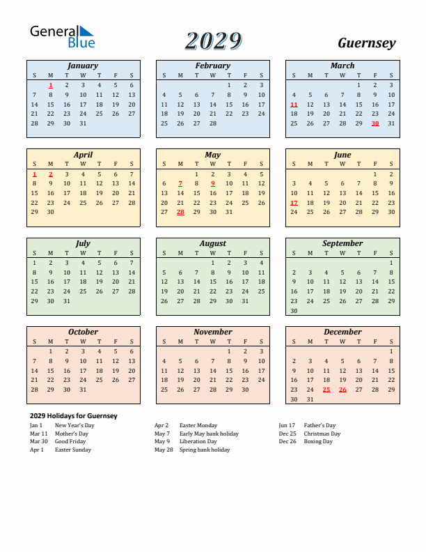 Guernsey Calendar 2029 with Sunday Start