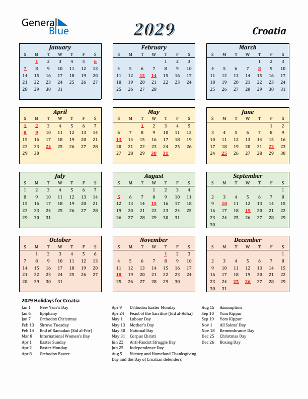 Croatia Calendar 2029 with Sunday Start