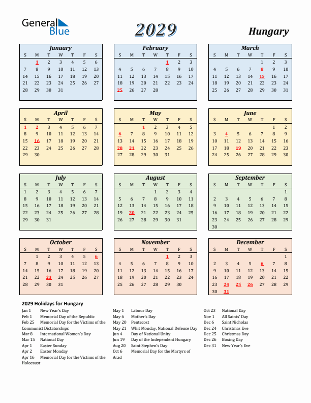 Hungary Calendar 2029 with Sunday Start