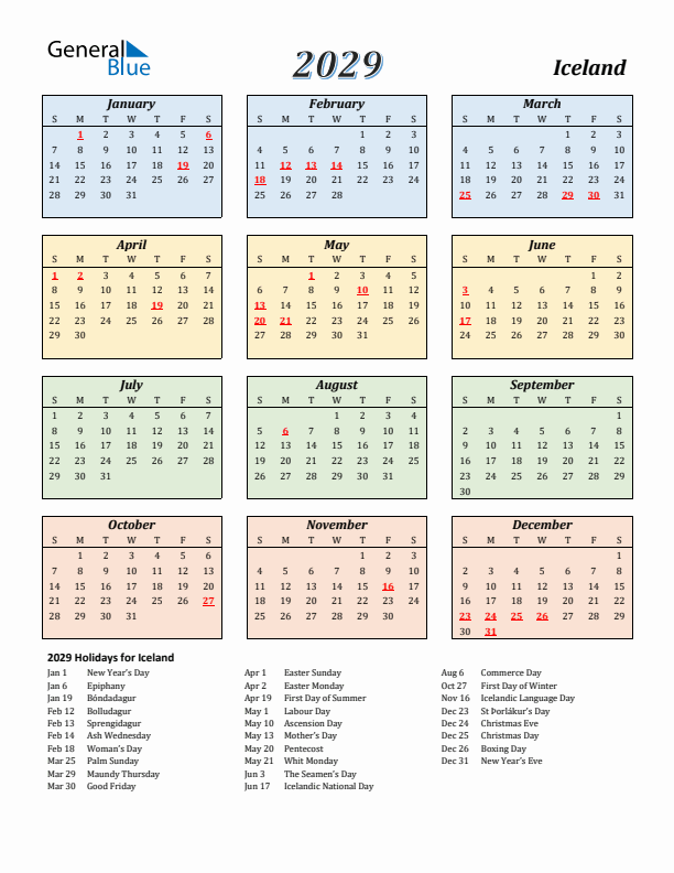 Iceland Calendar 2029 with Sunday Start