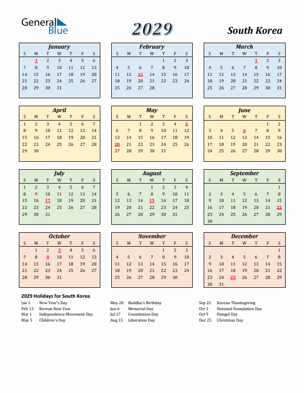 South Korea Calendar 2029 with Sunday Start