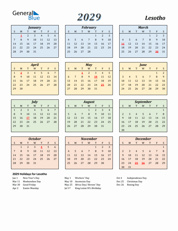 Lesotho Calendar 2029 with Sunday Start