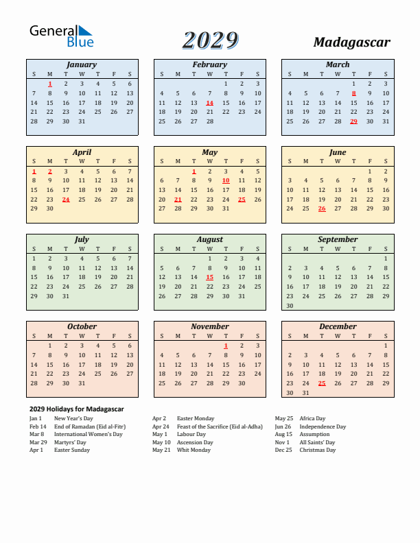 Madagascar Calendar 2029 with Sunday Start
