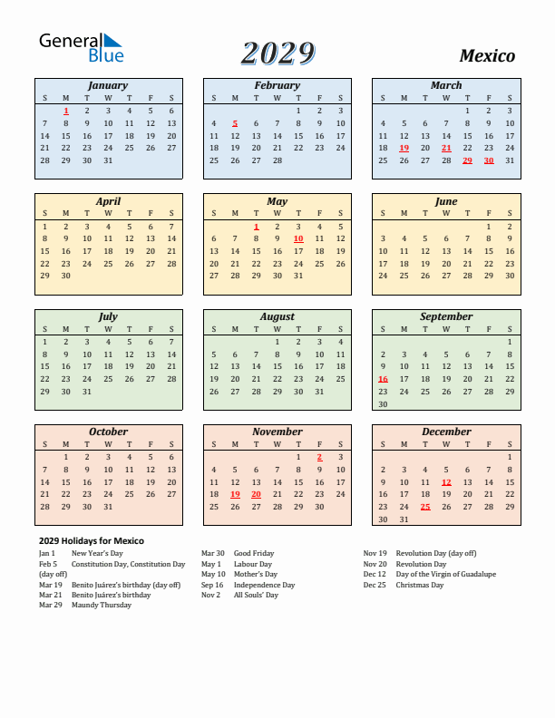 Mexico Calendar 2029 with Sunday Start