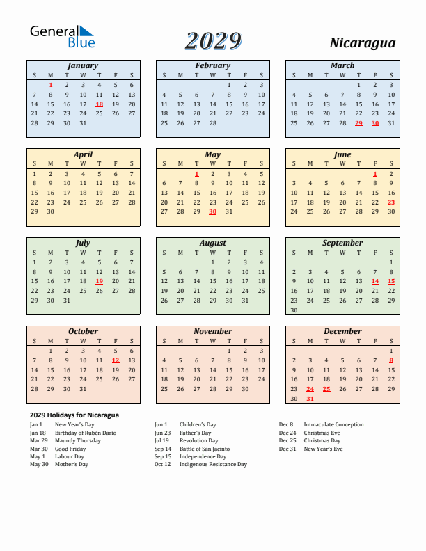 Nicaragua Calendar 2029 with Sunday Start