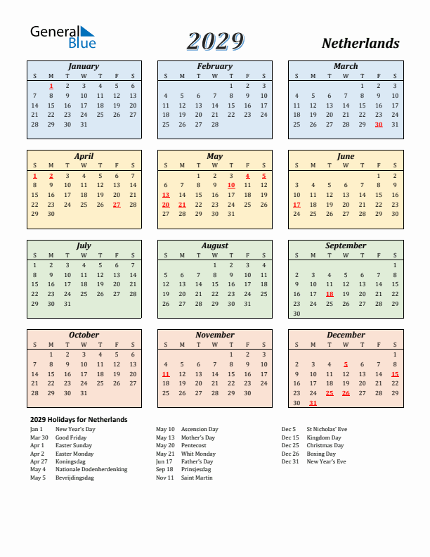 The Netherlands Calendar 2029 with Sunday Start