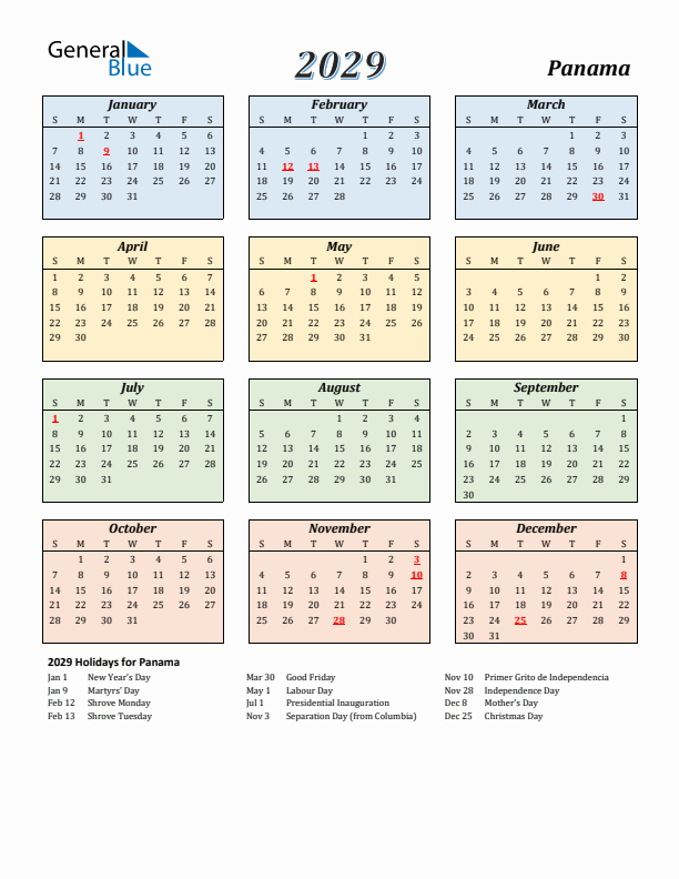 Panama Calendar 2029 with Sunday Start