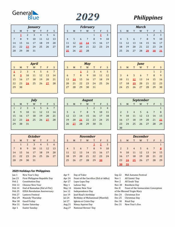 Philippines Calendar 2029 with Sunday Start