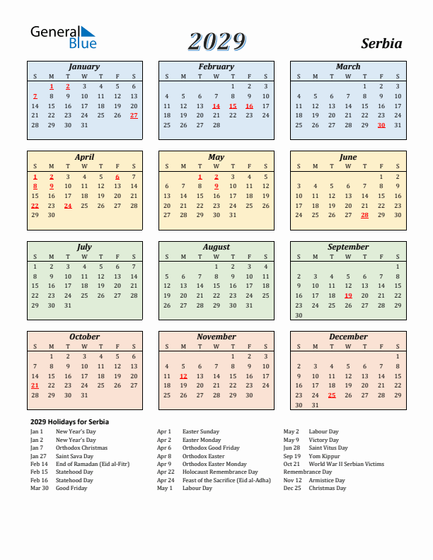 Serbia Calendar 2029 with Sunday Start