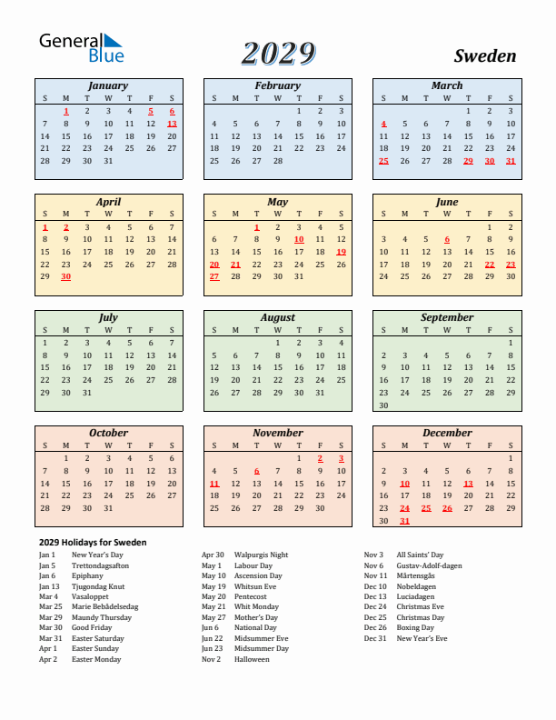 Sweden Calendar 2029 with Sunday Start