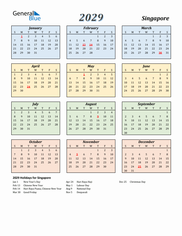 Singapore Calendar 2029 with Sunday Start