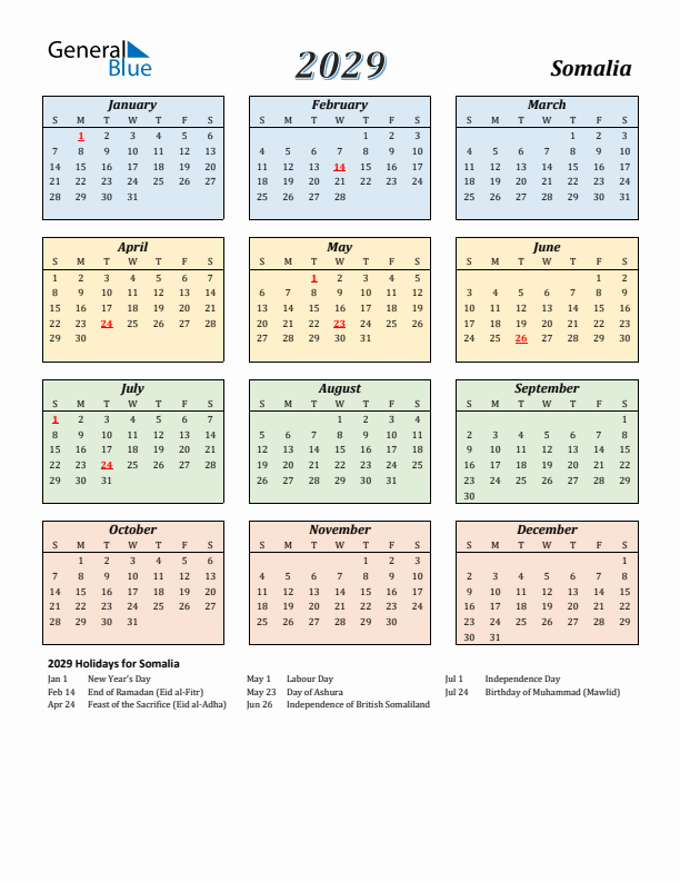 Somalia Calendar 2029 with Sunday Start