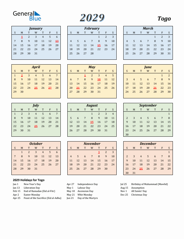 Togo Calendar 2029 with Sunday Start