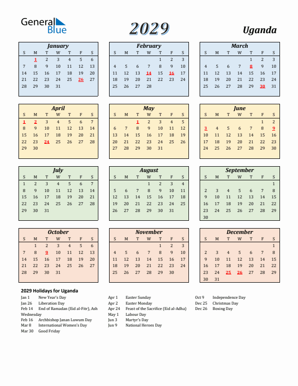 Uganda Calendar 2029 with Sunday Start
