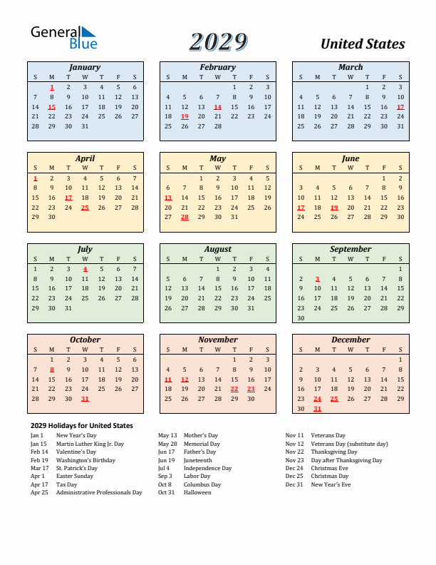 United States Calendar 2029 with Sunday Start