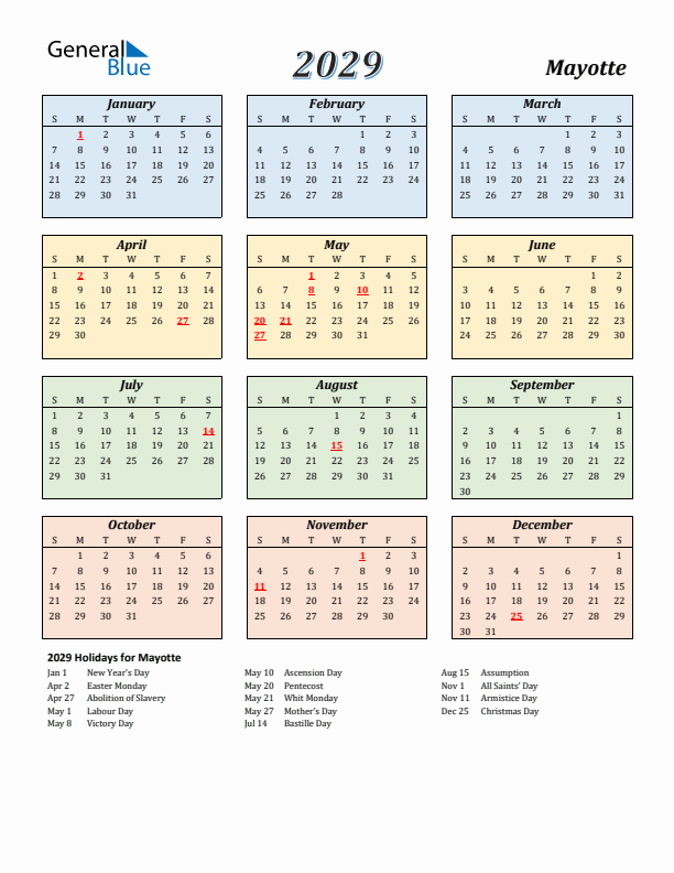 Mayotte Calendar 2029 with Sunday Start