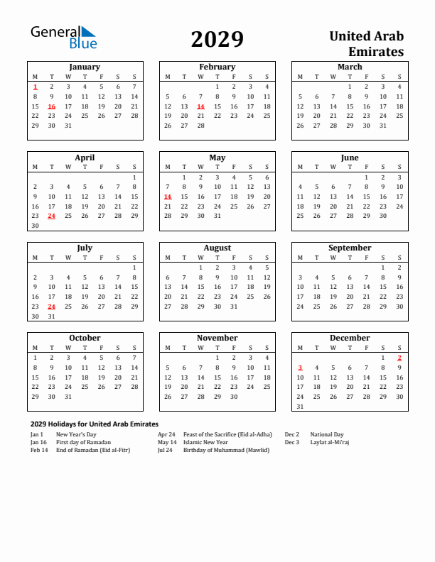 2029 United Arab Emirates Holiday Calendar - Monday Start