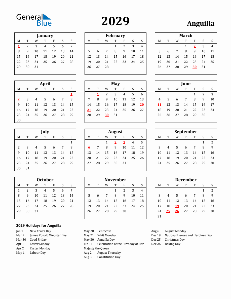 Free Printable 2029 Anguilla Holiday Calendar