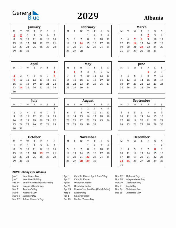 2029 Albania Holiday Calendar - Monday Start