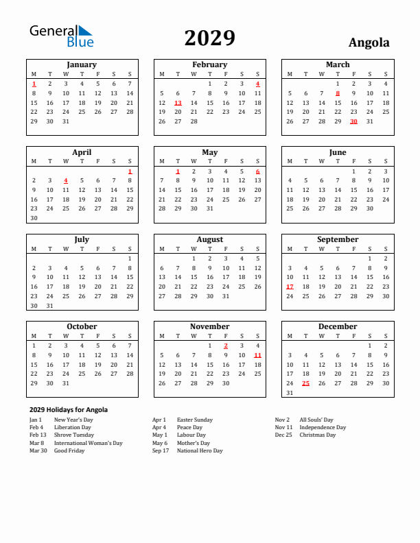 2029 Angola Holiday Calendar - Monday Start