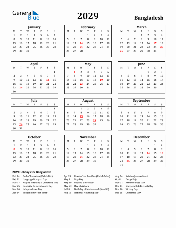 2029 Bangladesh Holiday Calendar - Monday Start