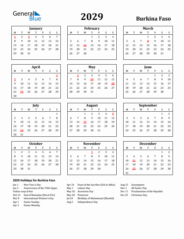 2029 Burkina Faso Holiday Calendar - Monday Start