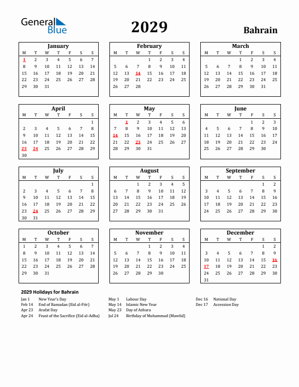 2029 Bahrain Holiday Calendar - Monday Start