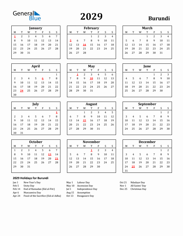 2029 Burundi Holiday Calendar - Monday Start