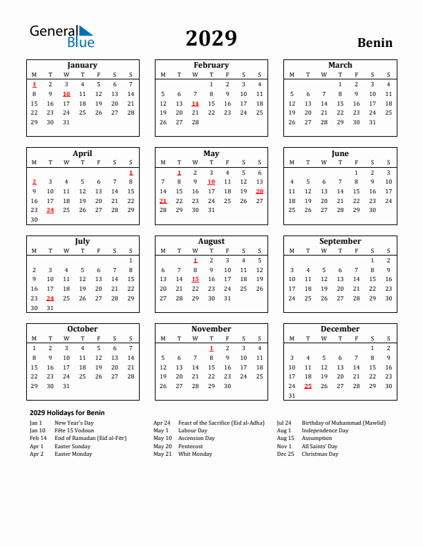 2029 Benin Holiday Calendar - Monday Start