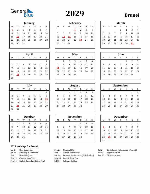 2029 Brunei Holiday Calendar - Monday Start