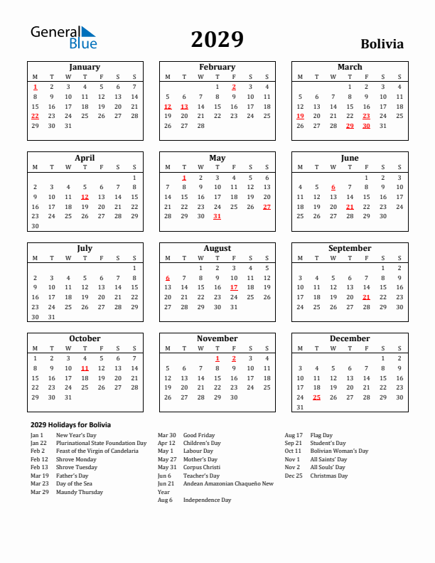 2029 Bolivia Holiday Calendar - Monday Start
