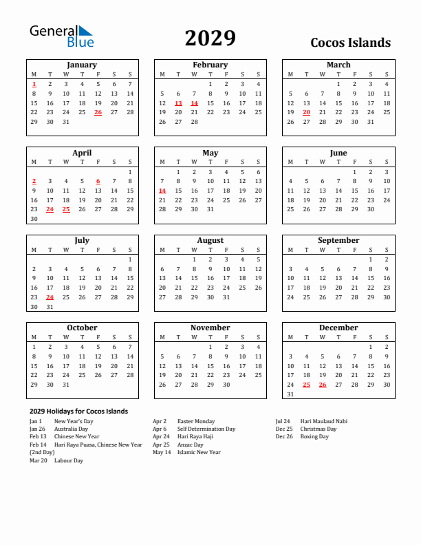 2029 Cocos Islands Holiday Calendar - Monday Start
