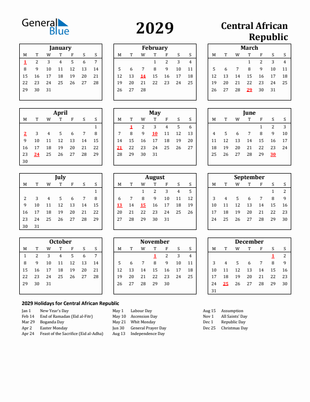 2029 Central African Republic Holiday Calendar - Monday Start