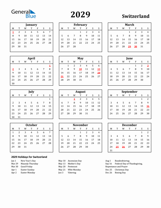 2029 Switzerland Holiday Calendar - Monday Start