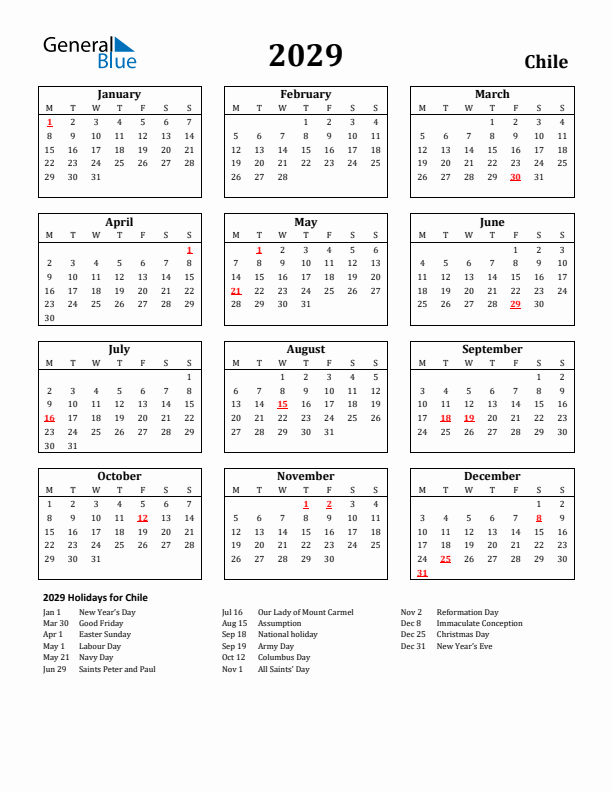 2029 Chile Holiday Calendar - Monday Start