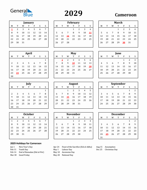 2029 Cameroon Holiday Calendar - Monday Start