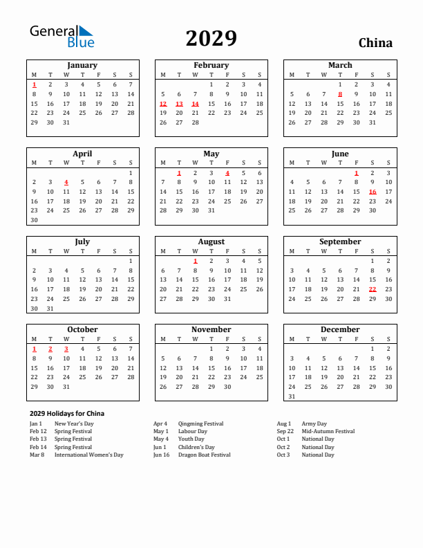 2029 China Holiday Calendar - Monday Start