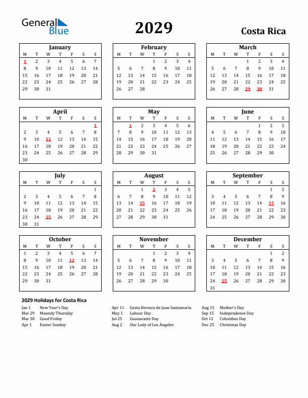 2029 Costa Rica Holiday Calendar - Monday Start