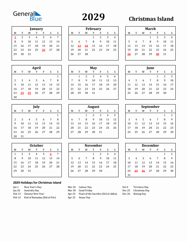 2029 Christmas Island Holiday Calendar - Monday Start
