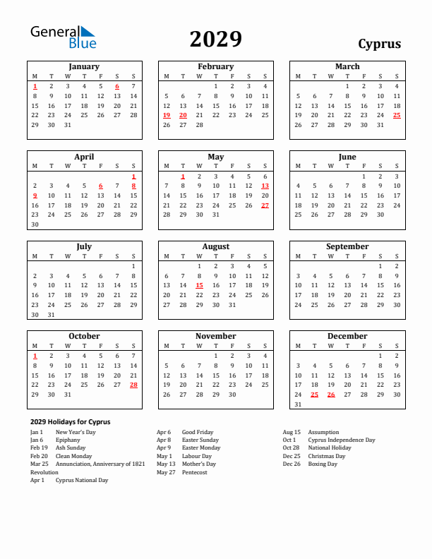 2029 Cyprus Holiday Calendar - Monday Start