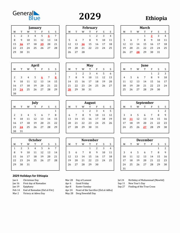 2029 Ethiopia Holiday Calendar - Monday Start